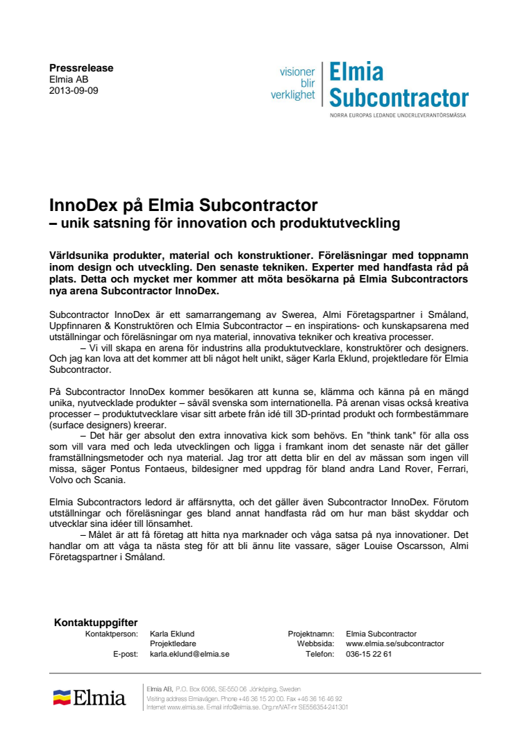 InnoDex på Elmia Subcontractor  – unik satsning för innovation och produktutveckling