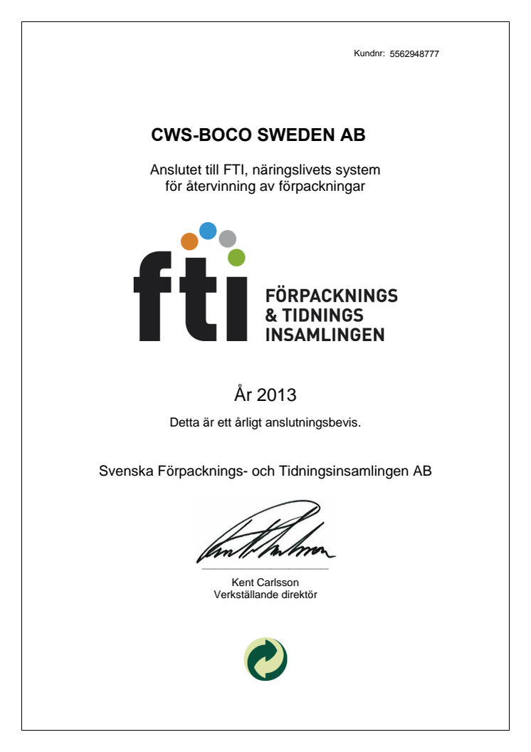 FTI - Förpacknings- & Tidningsinsamlingen certifikat för 2013