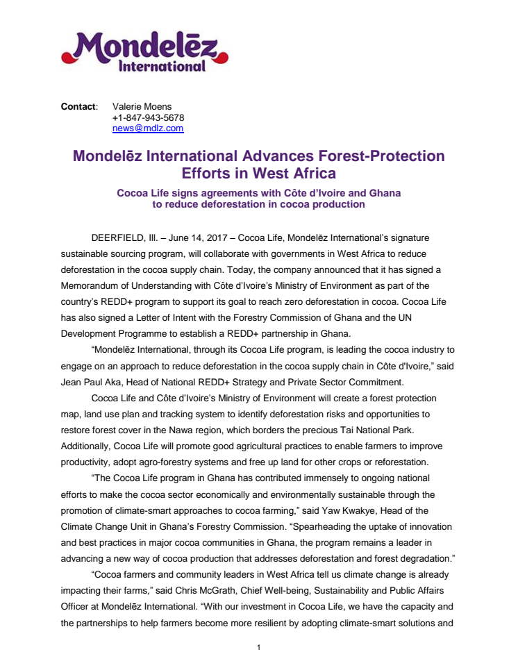 Mondelez International engagiert sich für Waldschutz in Westafrika