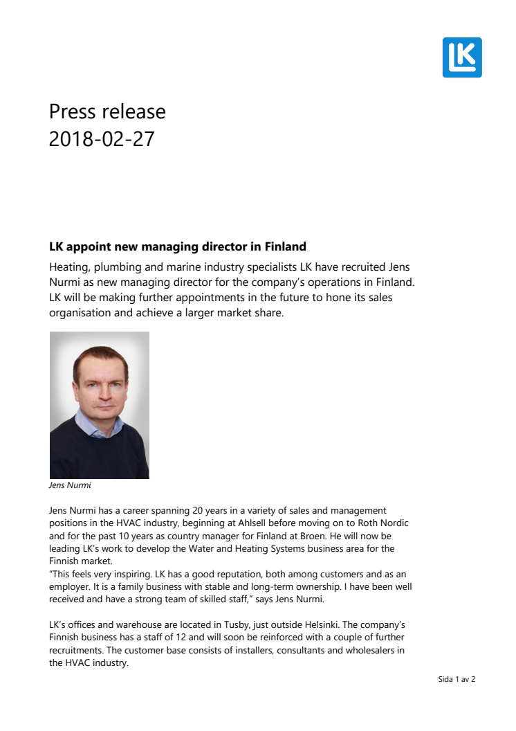 LK appoint new managing director in Finland