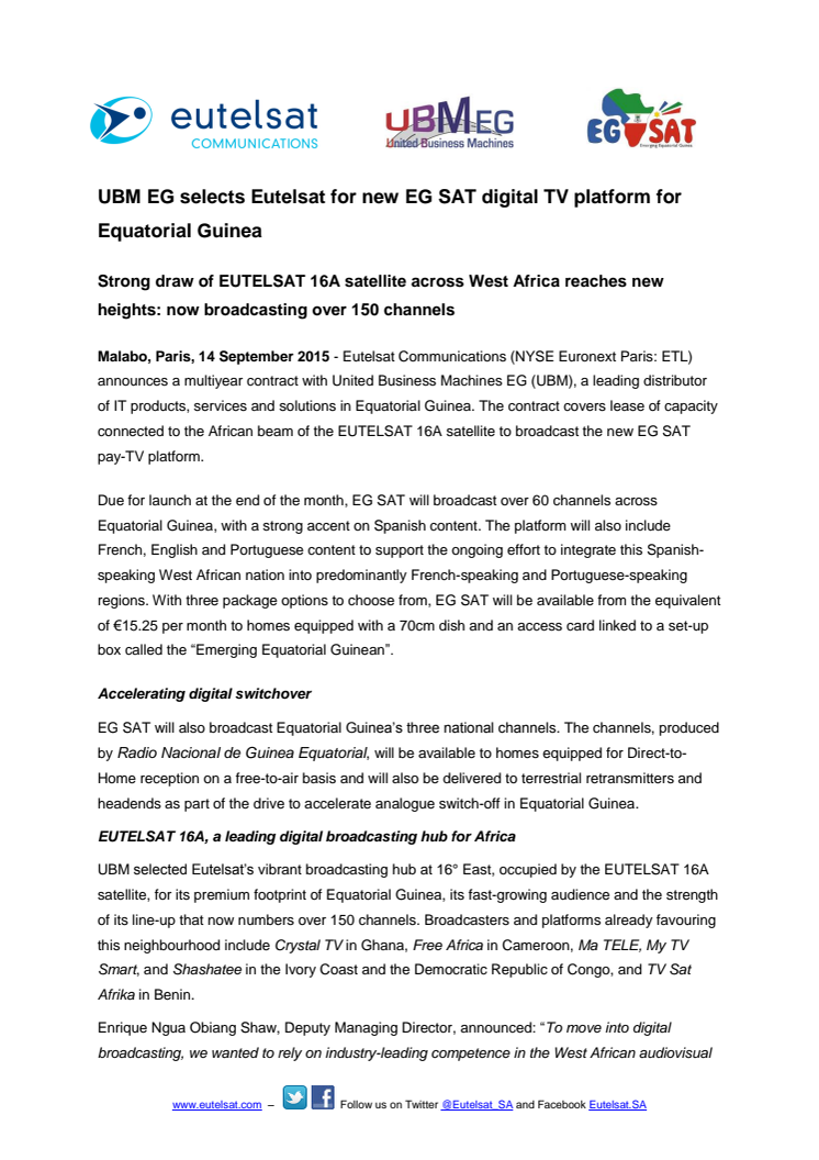 UBM EG selects Eutelsat for new EG SAT digital TV platform for Equatorial Guinea