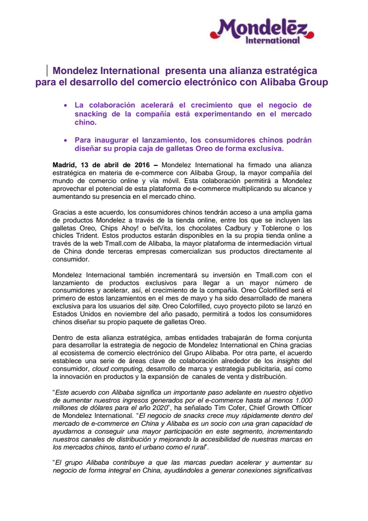 Mondelez International  presenta una alianza estratégica  para el desarrollo del comercio electrónico con Alibaba Group 