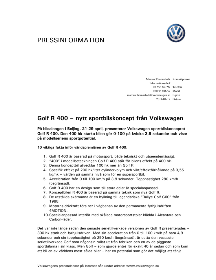 Golf R 400 – nytt sportbilskoncept från Volkswagen