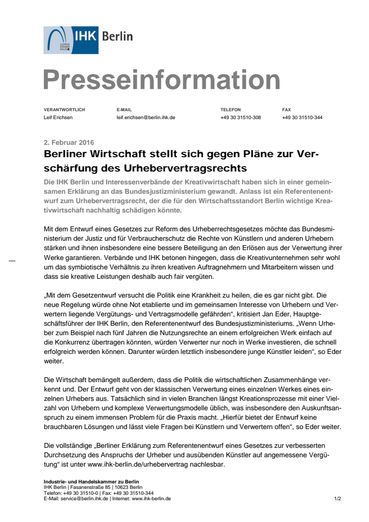 media.net berlinbrandenburg, IHK Berlin und weitere Interessensverbände stellen sich gegen Pläne zur Verschärfung des Urhebervertragsrechts