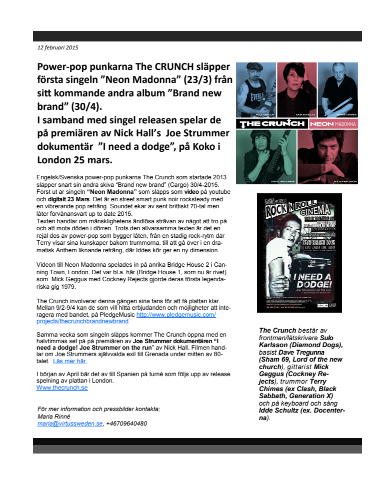 Power-pop punkarna The CRUNCH släpper första singeln ”Neon Madonna”  IDAG