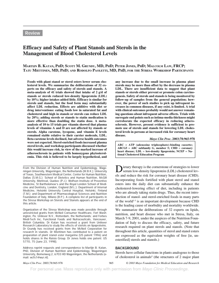 Studie om växtsteroler och statiner: "Efficacy and safety of plant stanols and sterols in the management of blood cholesterol levels."