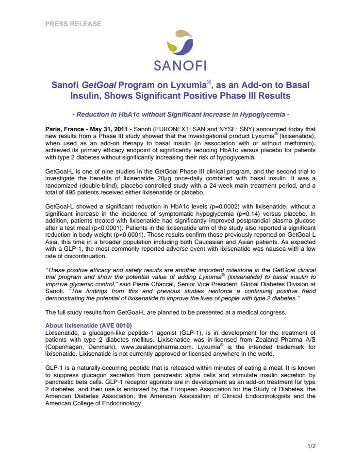 Sanofi GetGoal Program on Lyxumia®, as an Add-on to Basal Insulin, Shows Significant Positive Phase III Results