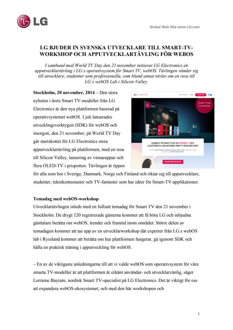 LG BJUDER IN SVENSKA UTVECKLARE TILL SMART-TV-WORKSHOP OCH APPUTVECKLARTÄVLING FÖR WEBOS