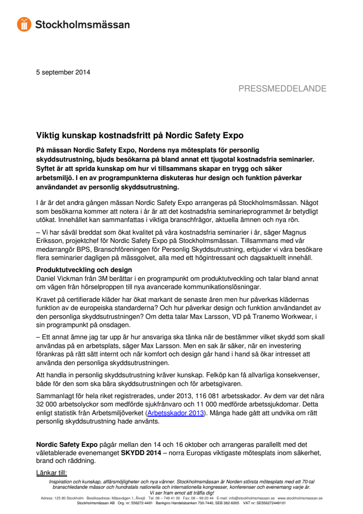 Viktig kunskap kostnadsfritt på Nordic Safety Expo