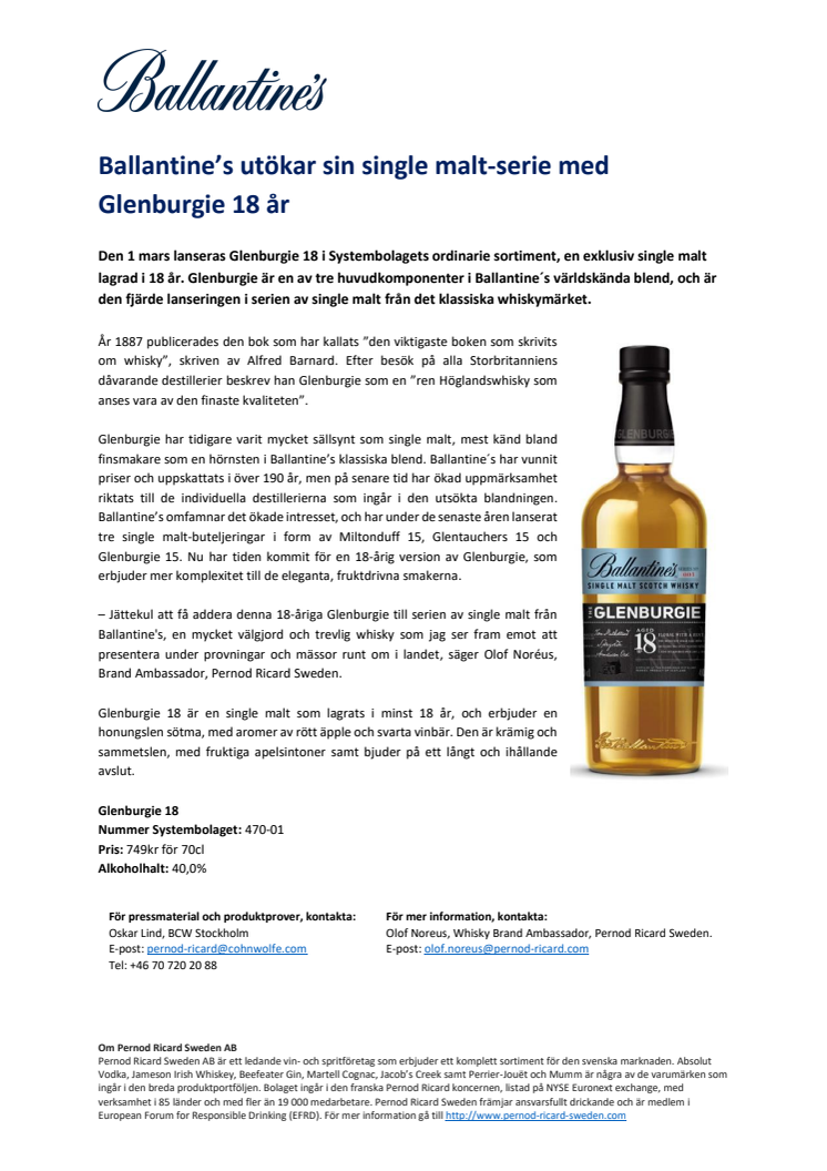 Ballantine’s utökar sin single malt-serie med Glenburgie 18 år