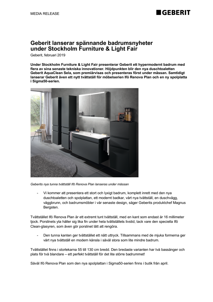 Geberit lanserar spännande badrumsnyheter  under Stockholm Furniture & Light Fair