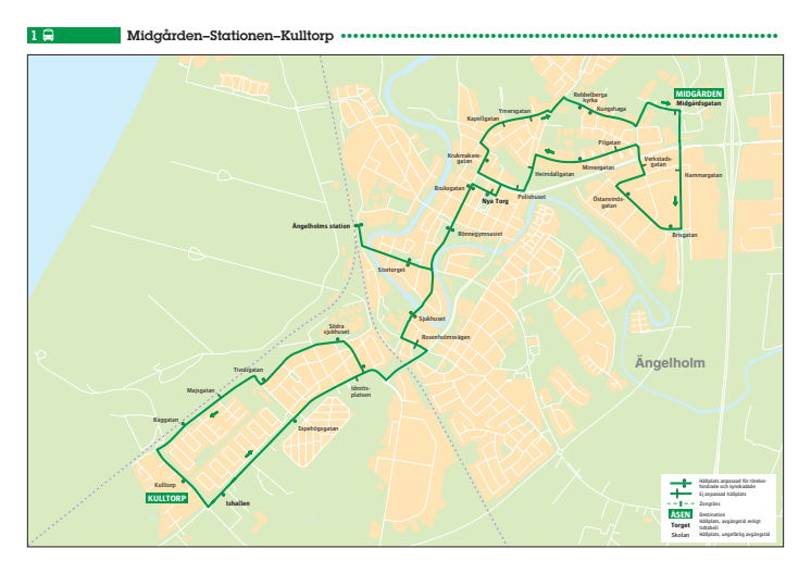 Stadsbuss linje 1 i Ängelholm, karta och tidtabell, gäller från 13 augusti 2017.