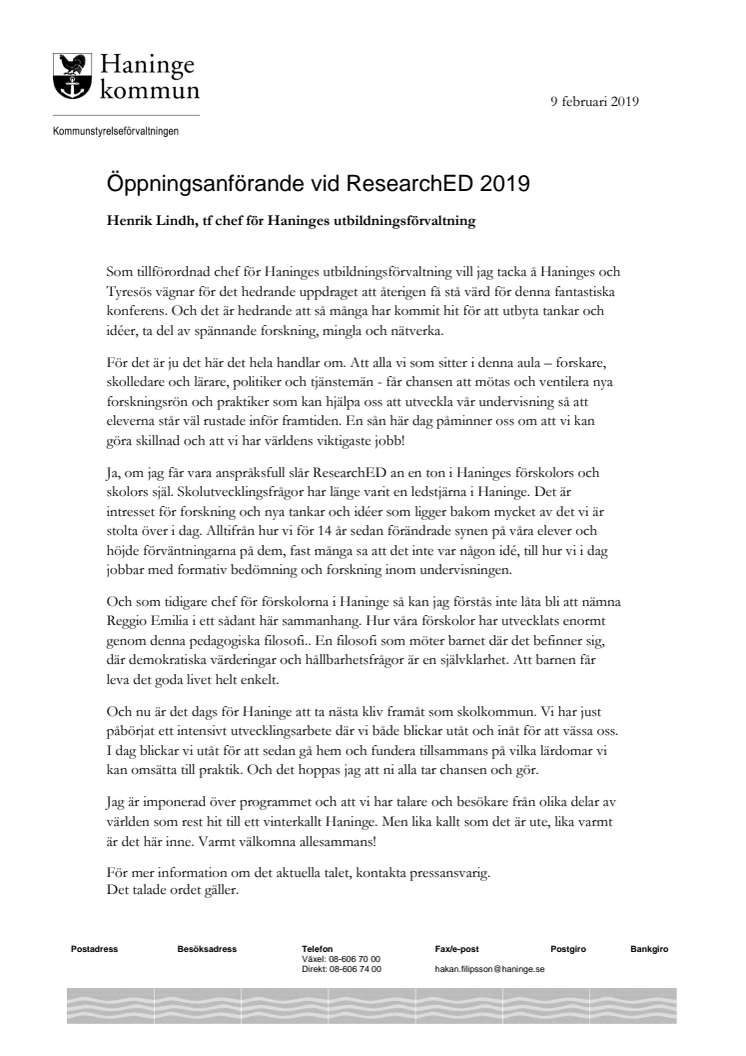 Öppningsanförande av Henrik Lindh tf chef utbildningsförvaltningen vid ResearchEd 2019