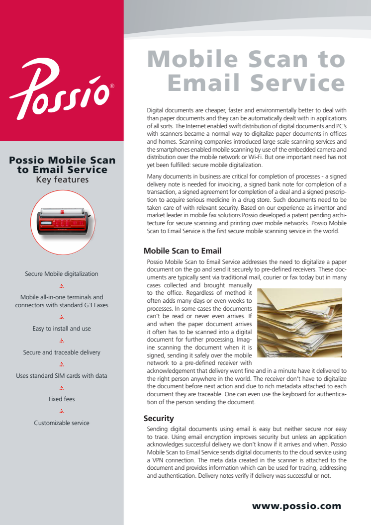 Possio identifies Secure Mobile Digitalization as major source for business process efficiency - launch Possio Mobile Scan to Email Service