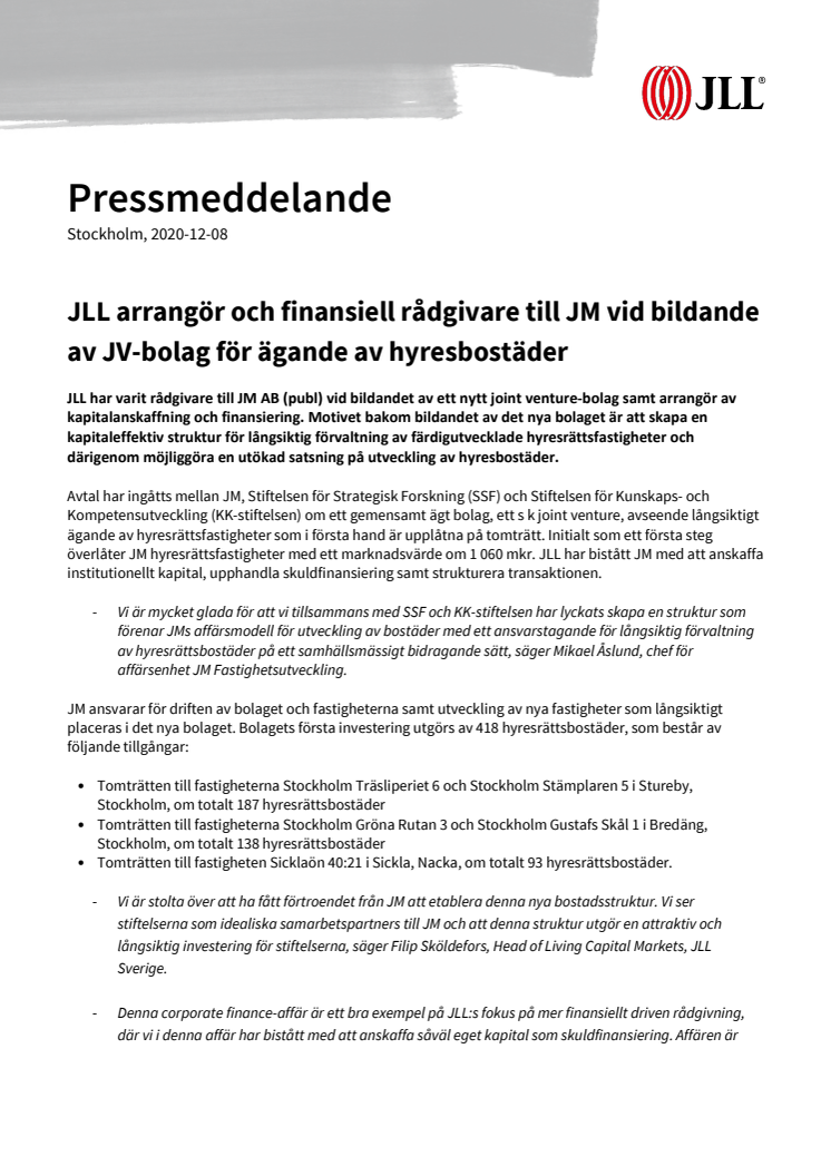JLL arrangör och finansiell rådgivare till JM vid bildande av JV-bolag för ägande av hyresbostäder