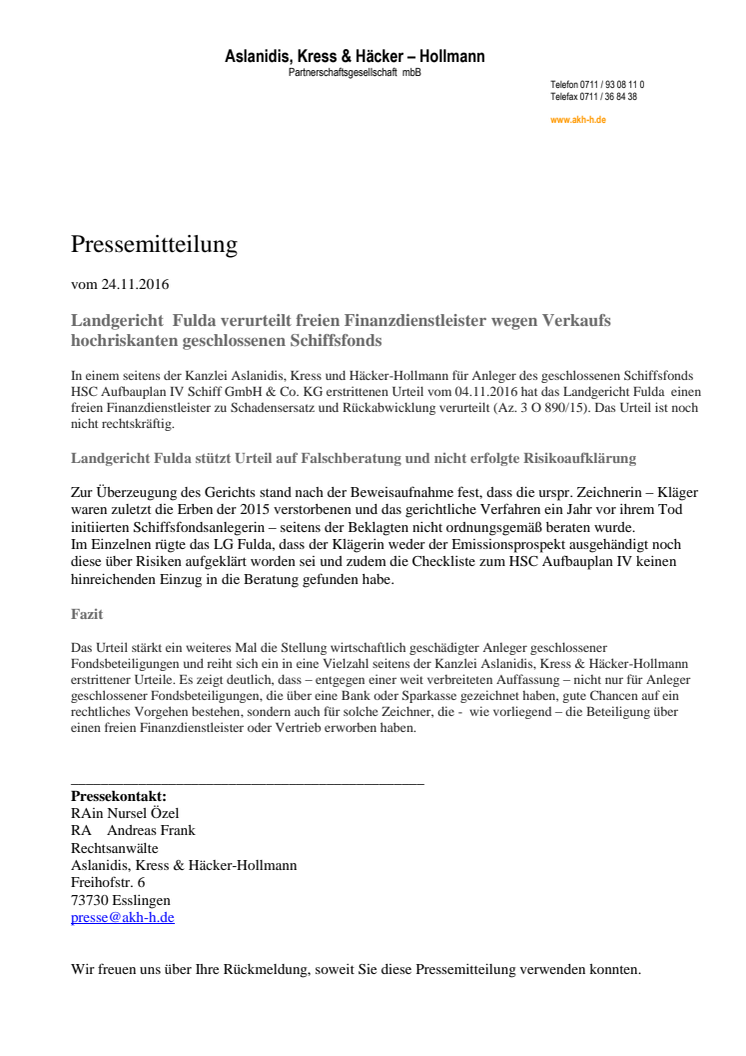 Rechtsanwälte Aslanidis, Kress & Häcker-Hollmann erstreiten obsiegendes Urteil gegen Finanzdienstleister 