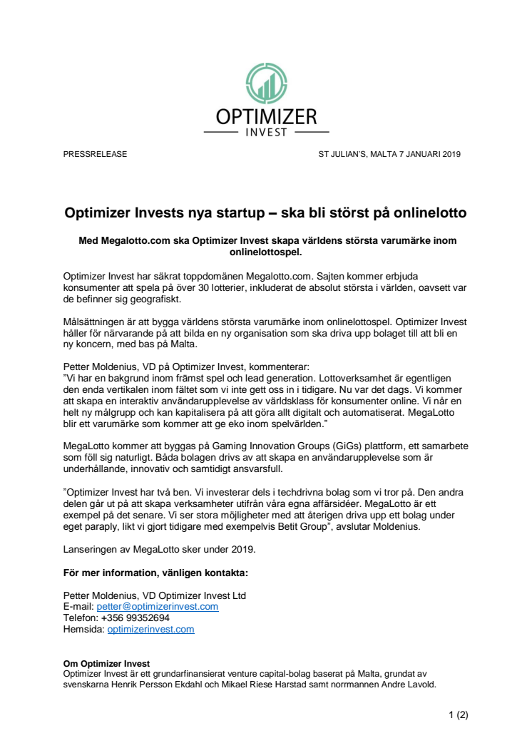 Optimizer Invests nya startup – ska bli störst på onlinelotto