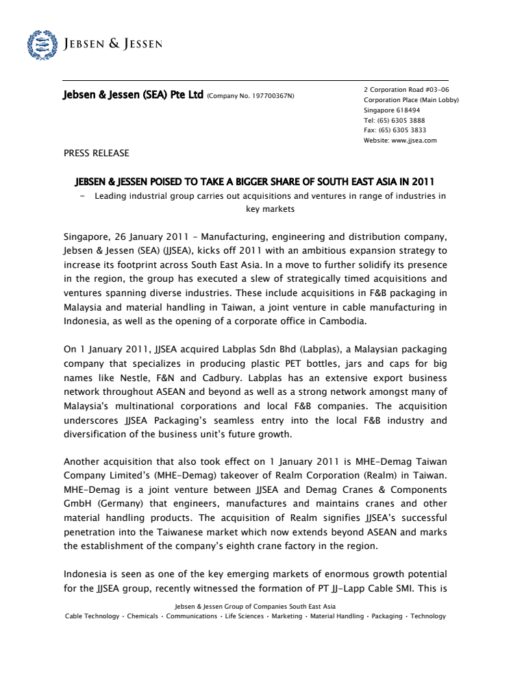 JEBSEN & JESSEN (SEA) POISED TO TAKE A BIGGER SHARE OF SOUTH EAST ASIA IN 2011