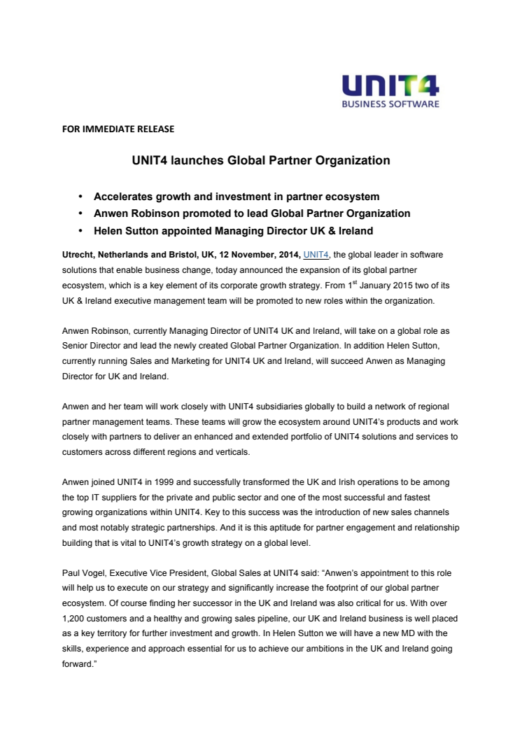 UNIT4 lanserar global partnerorganisation och tillsätter nya chefer