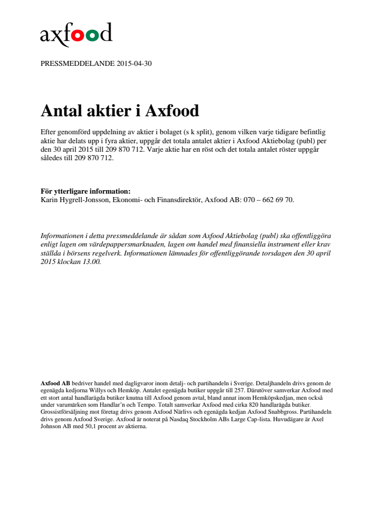 Antal aktier i Axfood