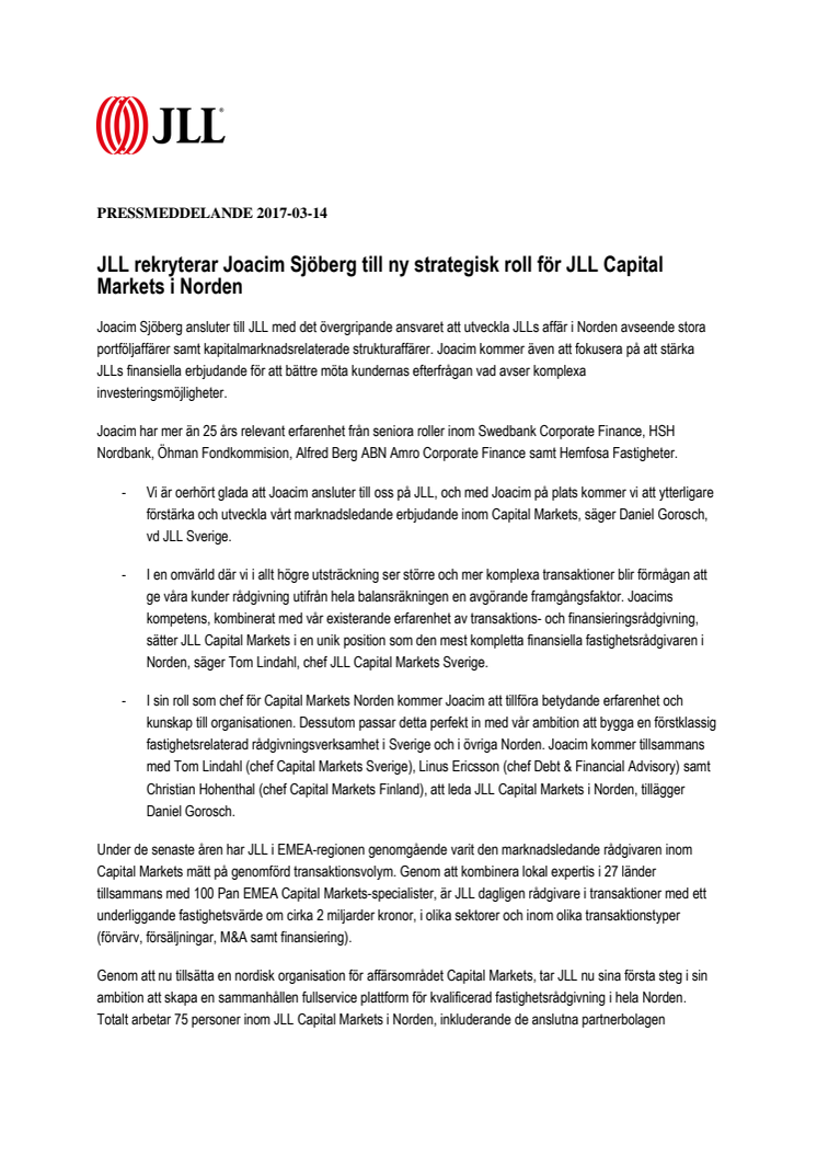 JLL rekryterar Joacim Sjöberg till ny strategisk roll för JLL Capital Markets i Norden