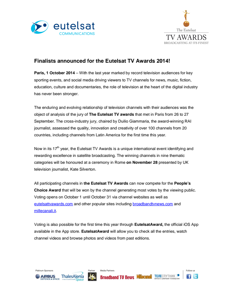 Finalists announced for the Eutelsat TV Awards 2014!