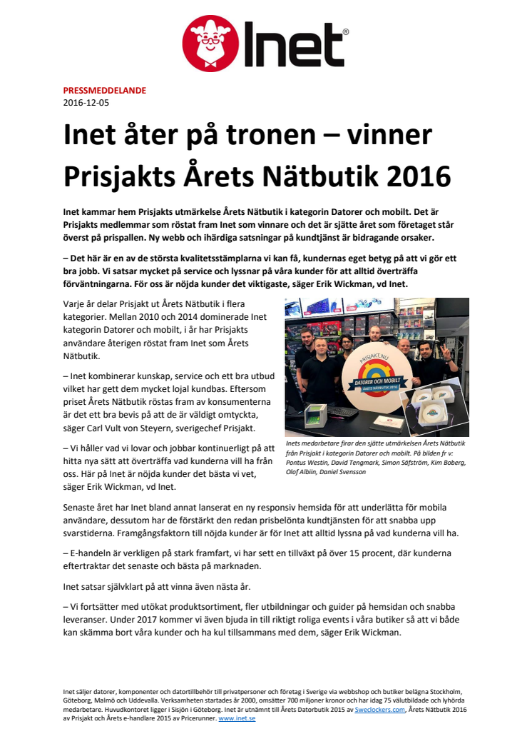 Inet åter på tronen – vinner Prisjakts Årets Nätbutik 2016