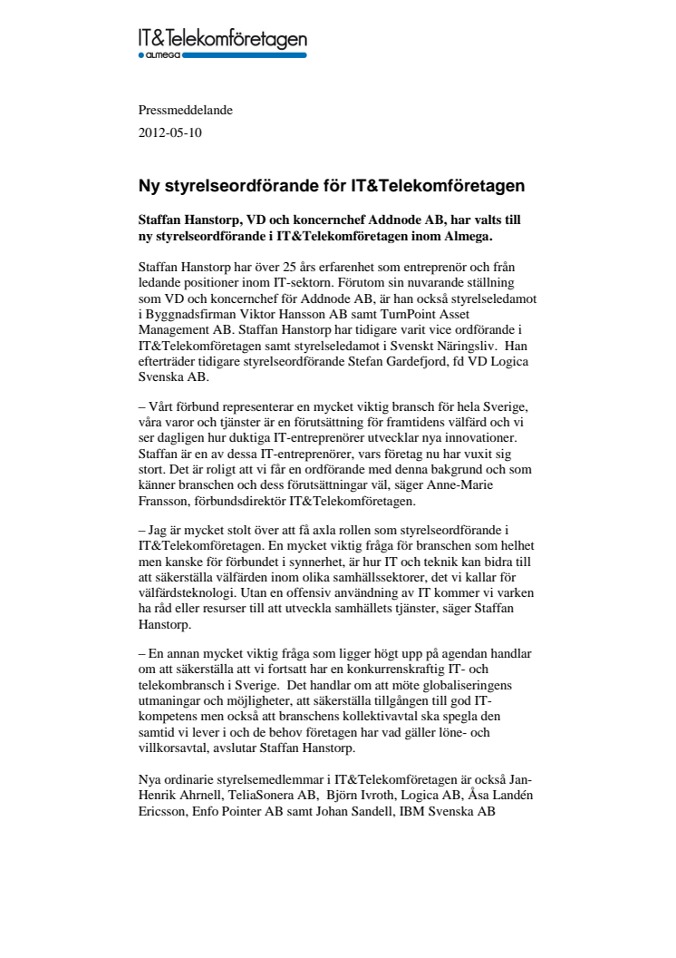 Ny styrelseordförande för IT&Telekomföretagen