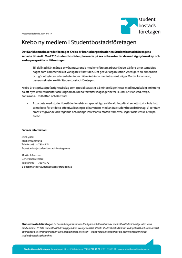 Krebo ny medlem i Studentbostadsföretagen