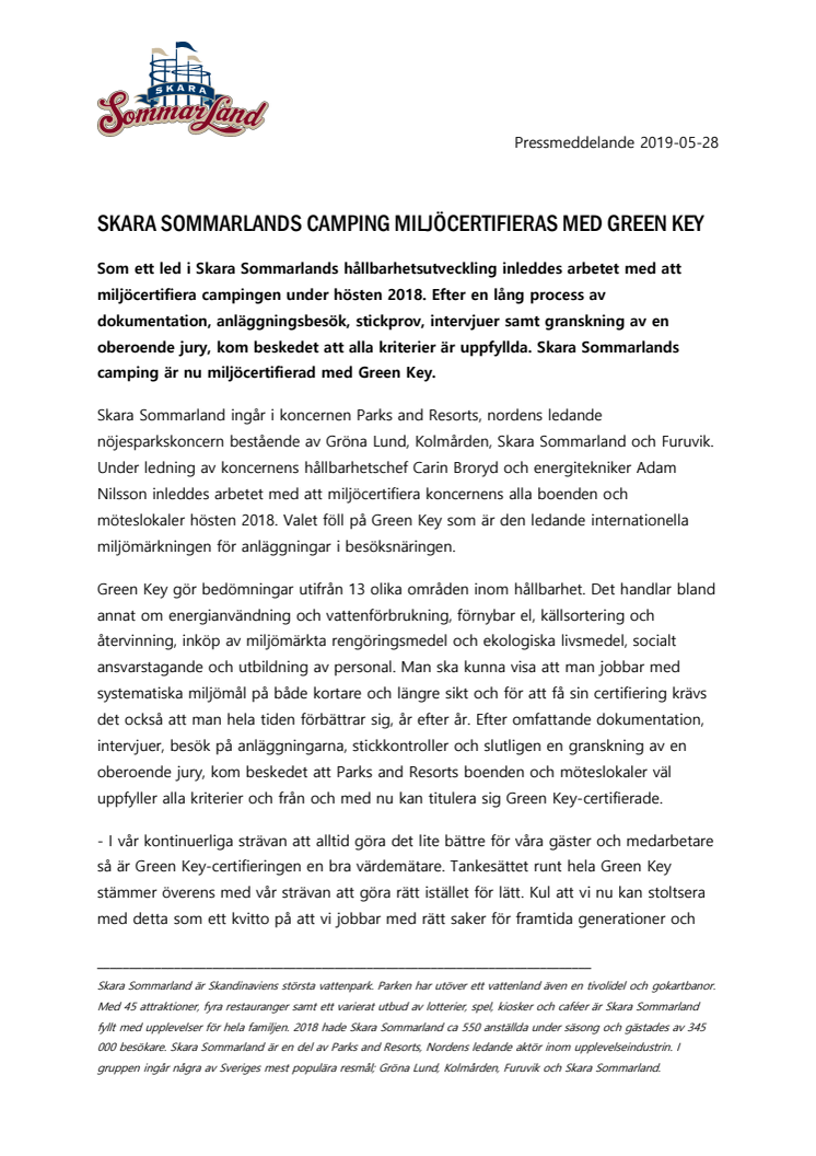 Skara Sommarlands camping miljöcertifieras med Green Key
