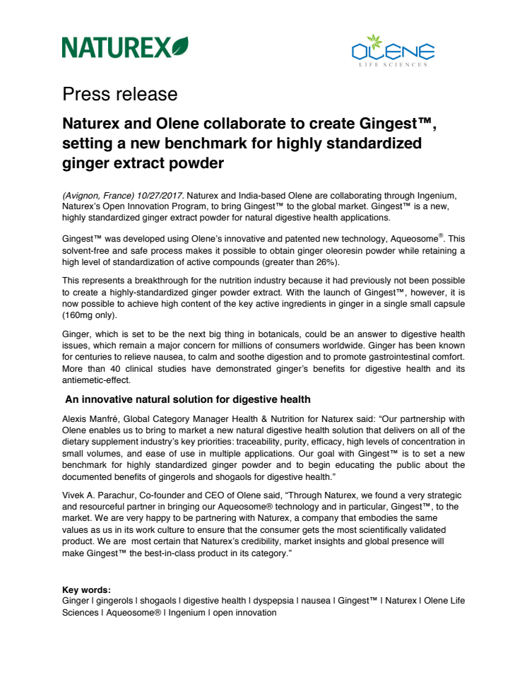 PRESS RELEASE: Naturex and Olene collaborate to create Gingest™, setting a new benchmark for highly standardized ginger extract powder