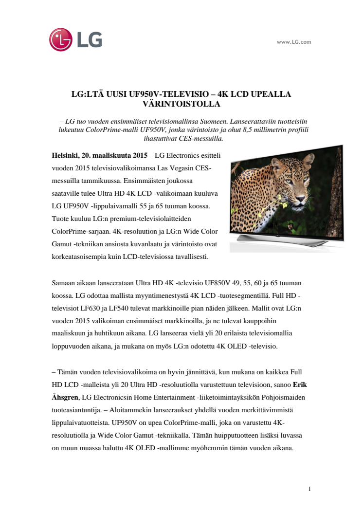 LG:LTÄ UUSI UF950V-TELEVISIO – 4K LCD UPEALLA VÄRINTOISTOLLA