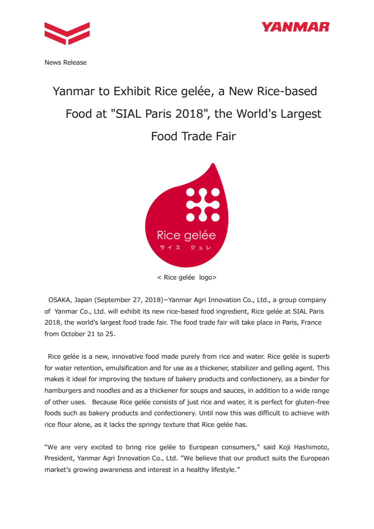 Yanmar to Exhibit Rice gelée, a New Rice-based Food at "SIAL Paris 2018", the World's Largest Food Trade Fair