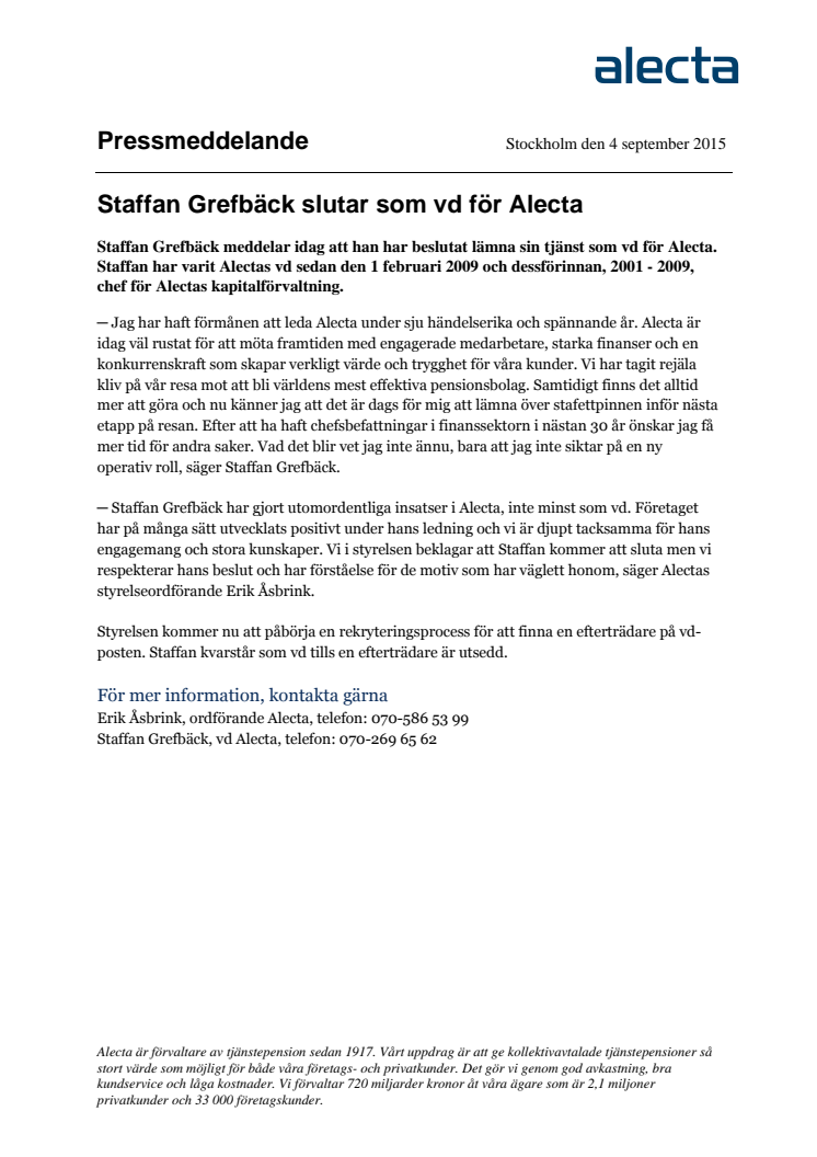 Staffan Grefbäck slutar som vd för Alecta