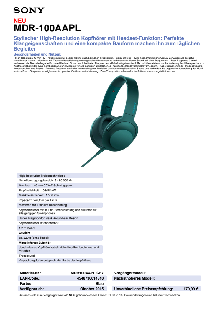 Datenblatt h.ear on von Sony_blau
