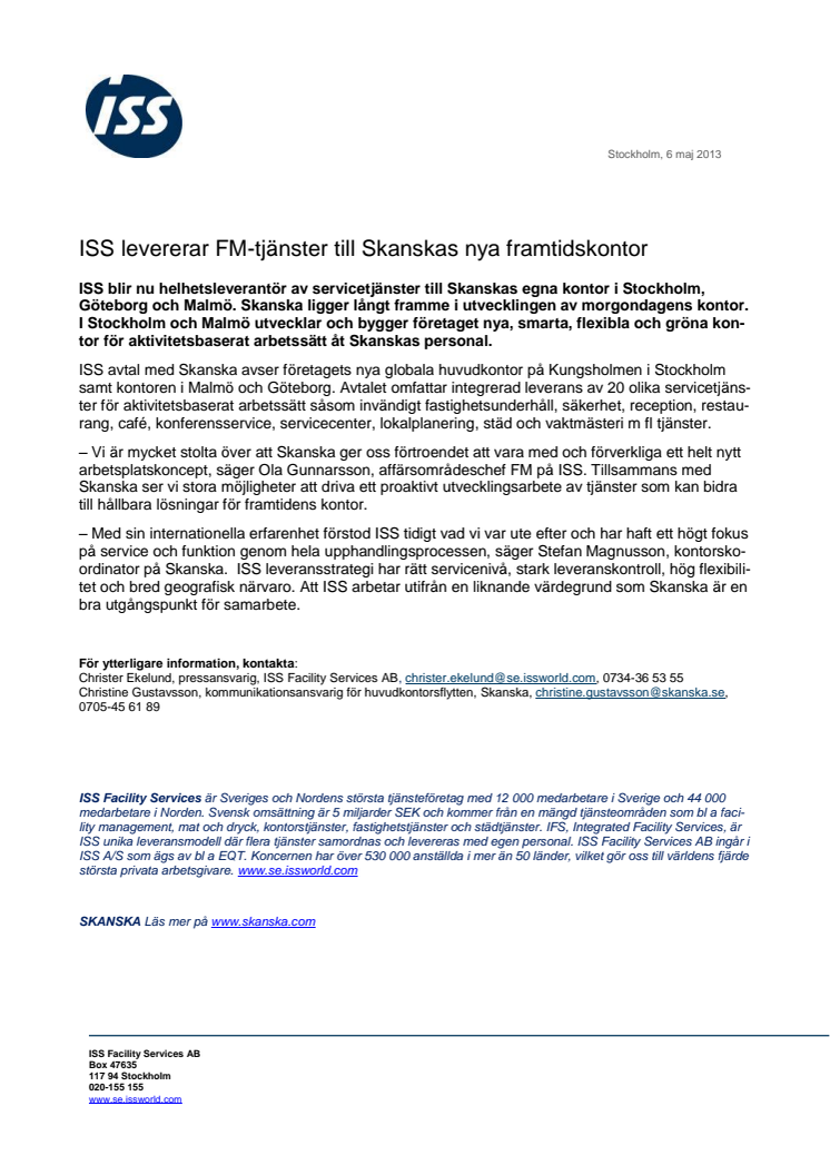 ISS levererar FM-tjänster till Skanskas nya framtidskontor