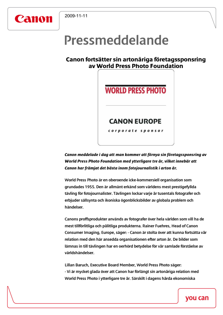 Canon fortsätter sin artonåriga företagssponsring av World Press Photo Foundation
