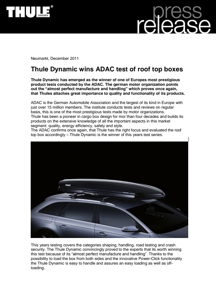 Thule Dynamic wins ADAC test of roof top boxes