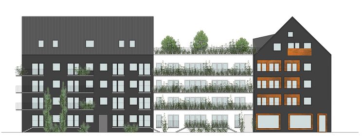 HSBs planerade projekt i kvarteret Spiggan, Sorgenfri. Tidig skiss av fasad mot sydväst.