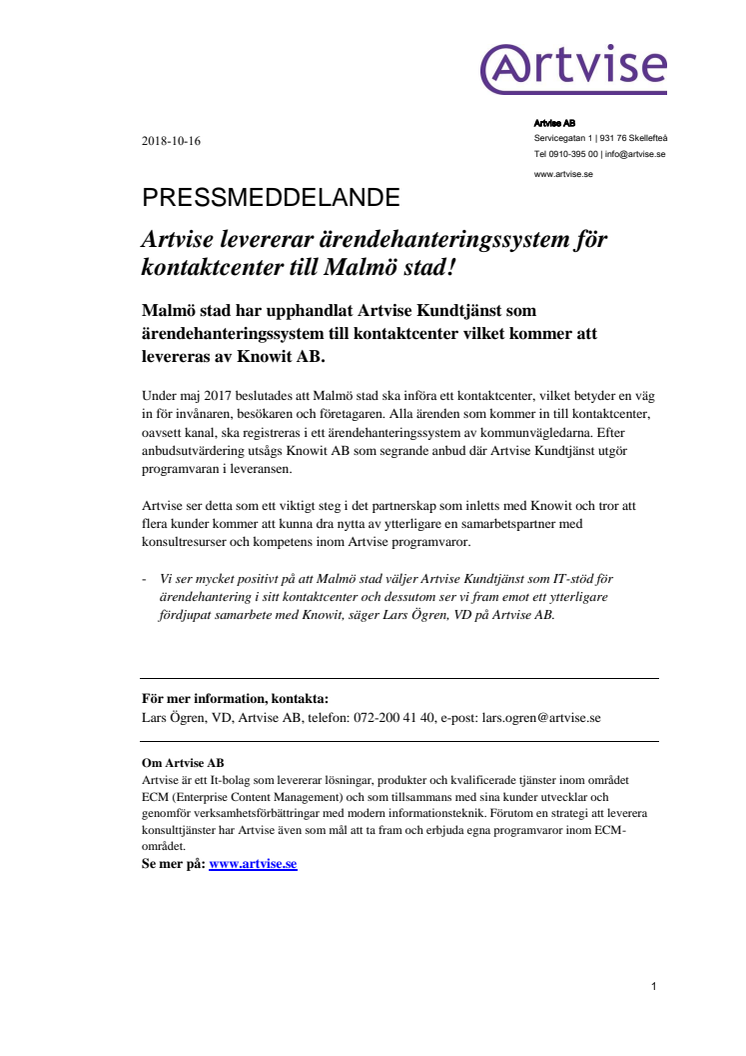 Artvise levererar ärendehanteringssystem för kontaktcenter till Malmö stad!