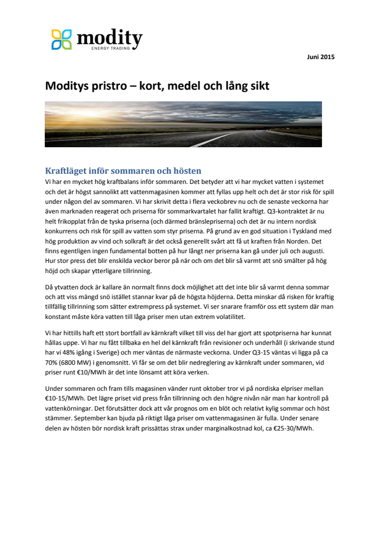 Modity månadsbrev - Elprisprognoser på kort, medel och lång sikt