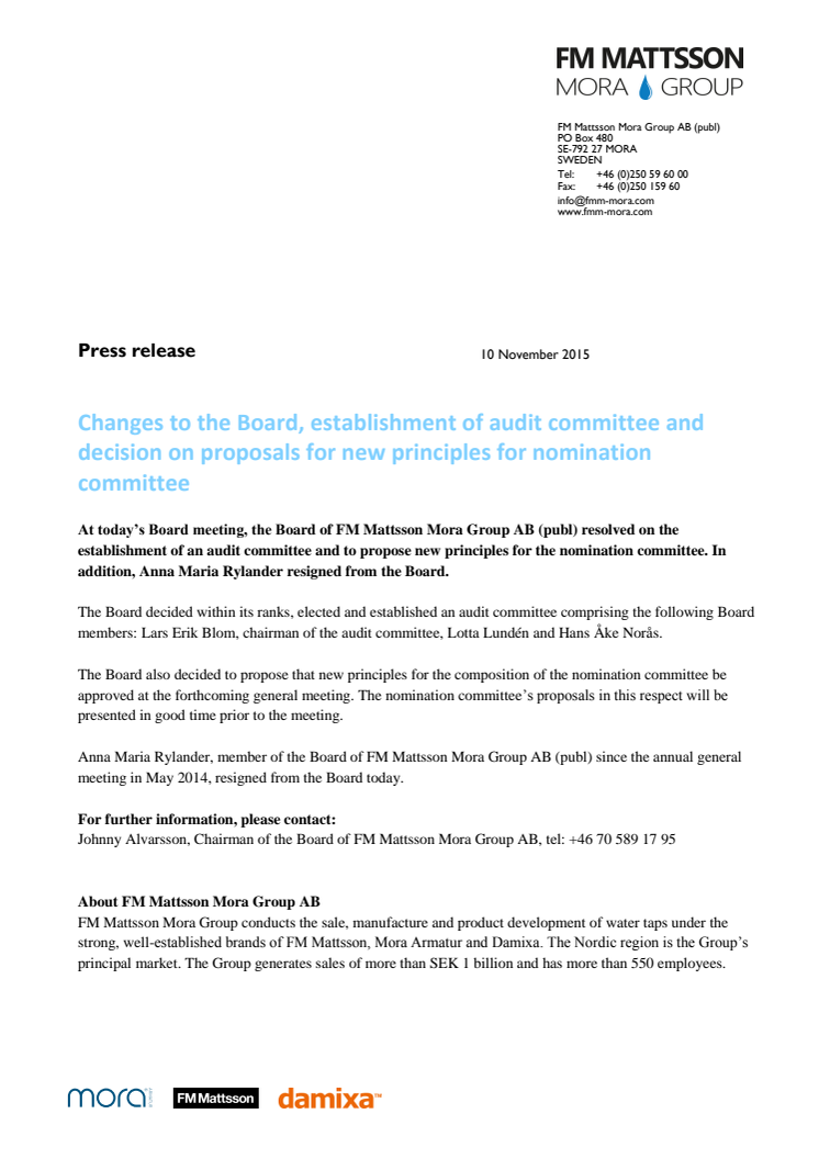 Changes to the Board, establishment of audit committee and decision on proposals for new principles for nomination  committee