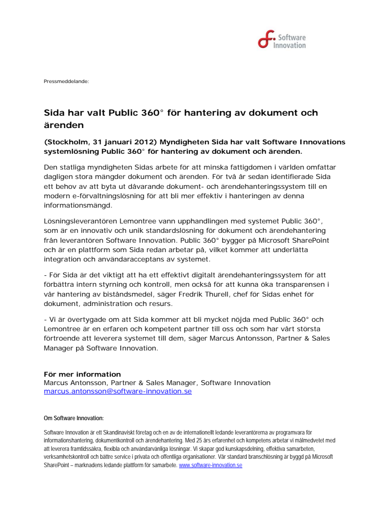 Sida har valt Public 360° för hantering av dokument och ärenden 