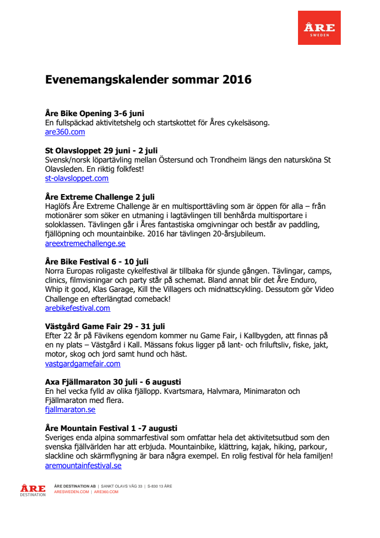 Evenemangskalender sommar 2016 Åre