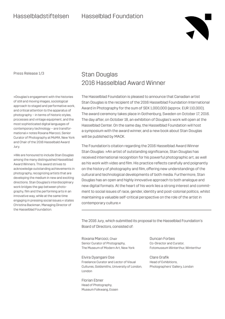 Stan Douglas - 2016 Hasselblad Award Winner