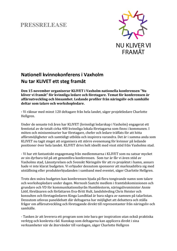Nationell kvinnokonferens i Vaxholm Nu tar KLIVET ett steg framåt