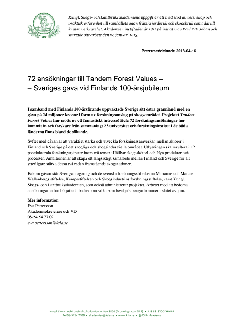 ​72 ansökningar till Tandem Forest Values – Sveriges gåva vid Finlands 100-årsjubileum