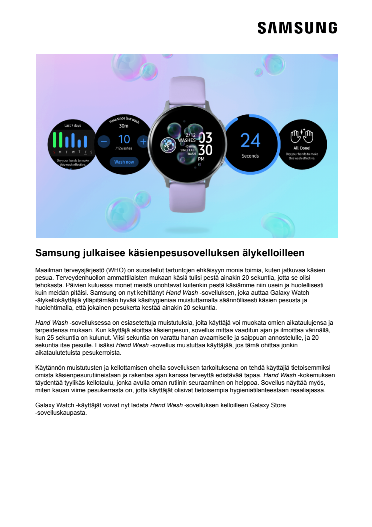 Samsung julkaisee käsienpesusovelluksen älykelloilleen