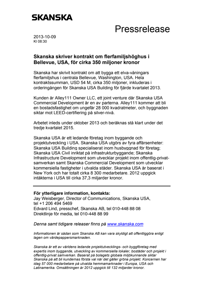Skanska skriver kontrakt om flerfamiljshöghus i Bellevue, USA, för cirka 350 miljoner kronor