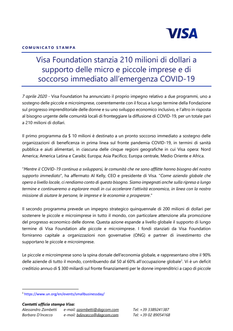 Visa Foundation stanzia 210 milioni di dollari a supporto delle micro e piccole imprese e di soccorso immediato all’emergenza COVID-19 